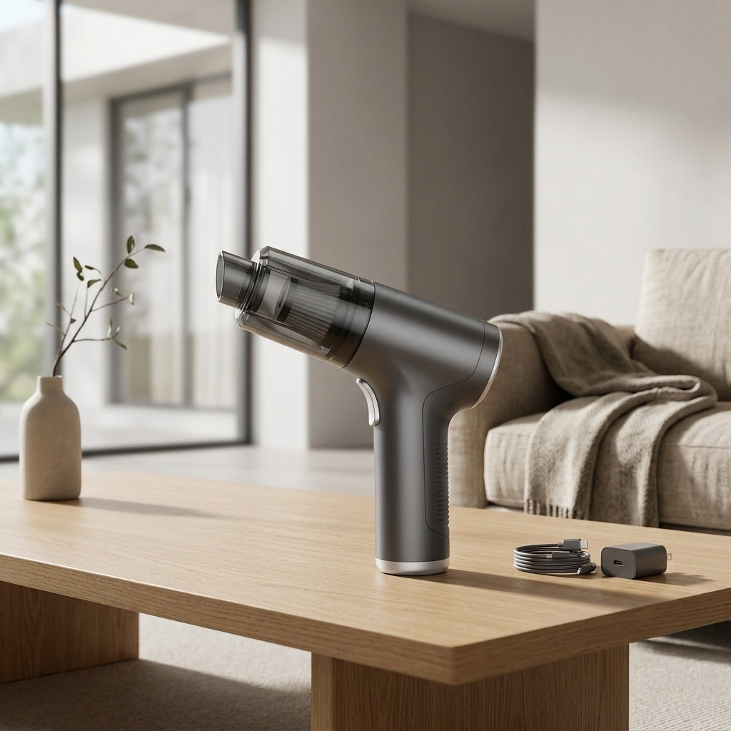 Dark gray cordless car vacuum, sleek design,