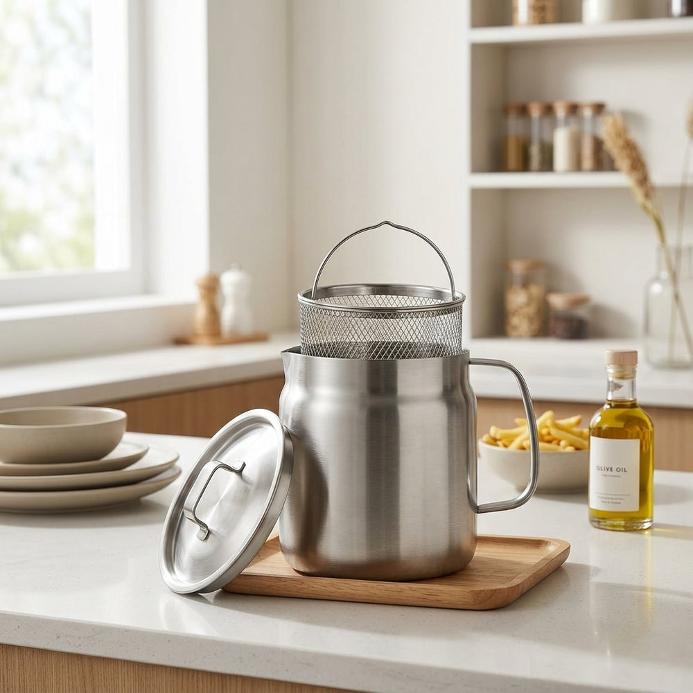 Stainless Steel Oil Filter & Storage Jar: brushed finish,