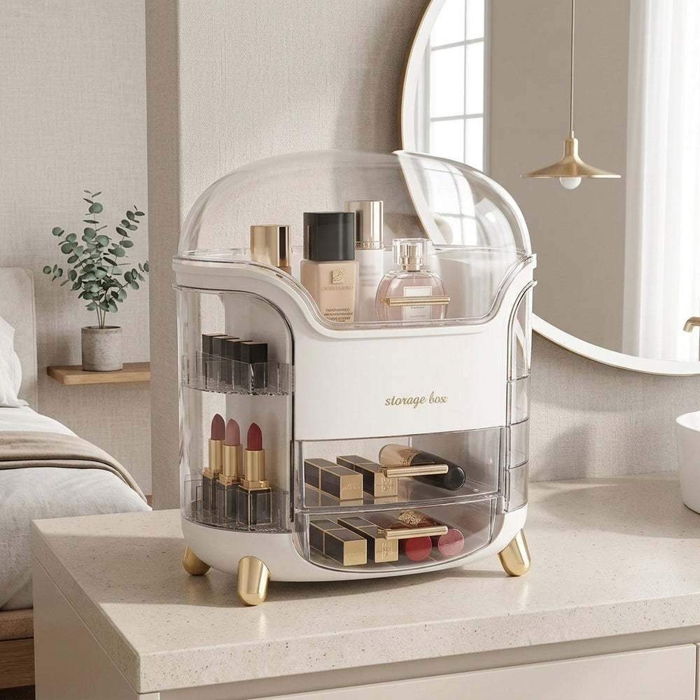 White Dust-Proof Vanity Organizer with clear domed