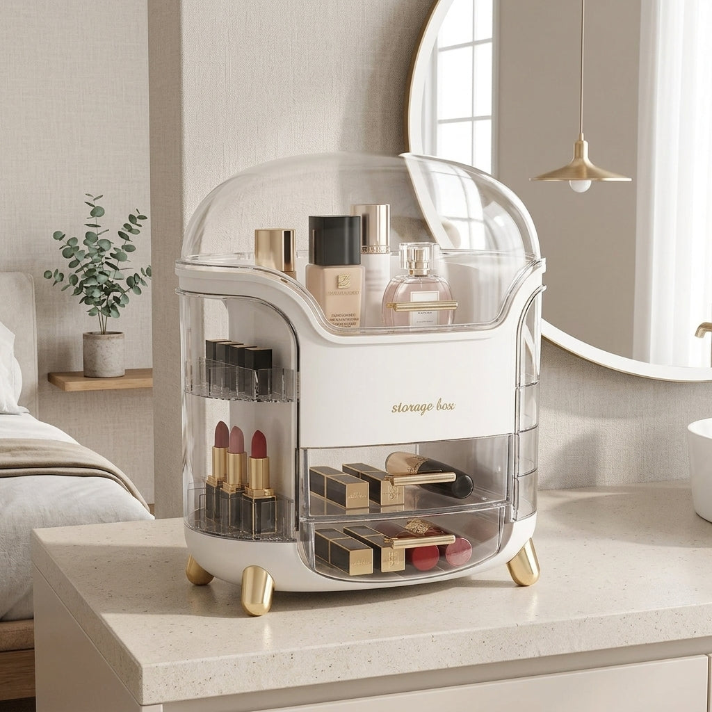 White Dust-Proof Vanity Organizer with clear domed