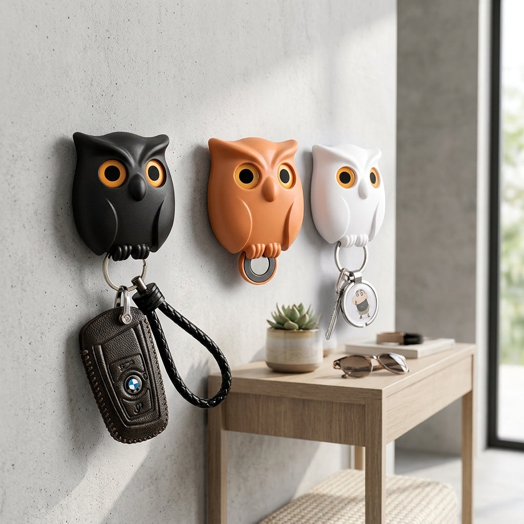 Magnetic Owl Key Hooks (3-Pack) in black, orange, white with bright eyes, holding keys.