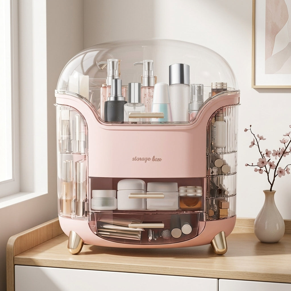Pink Dust-Proof Vanity Organizer with clear dome lid