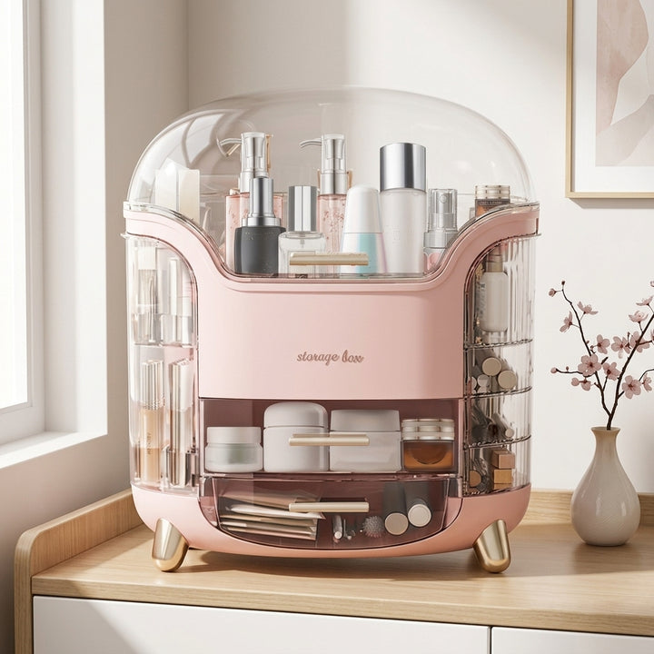 Pink Dust-Proof Vanity Organizer with clear dome lid