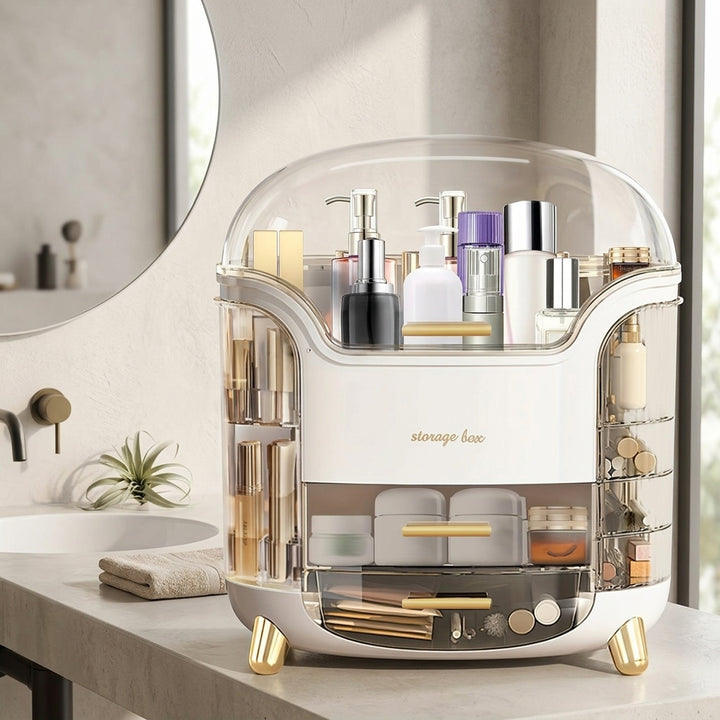 Dust-Proof Vanity Organizer: White base, clear dom