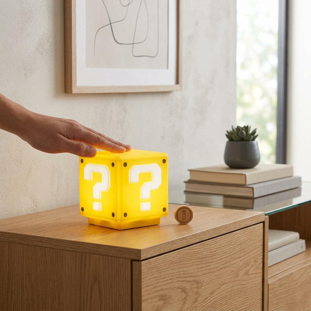 Super Mario Question Block Light glowing in modern home,