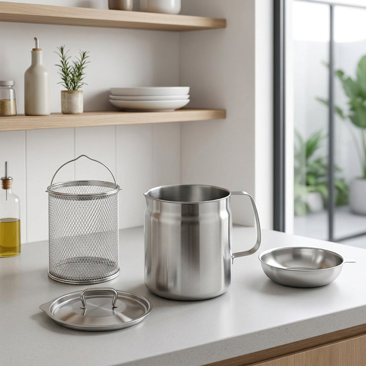 Stainless Steel Oil Filter & Storage Jar set: brushed