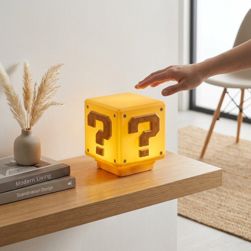Super Mario Question Block Light glowing in a modern home