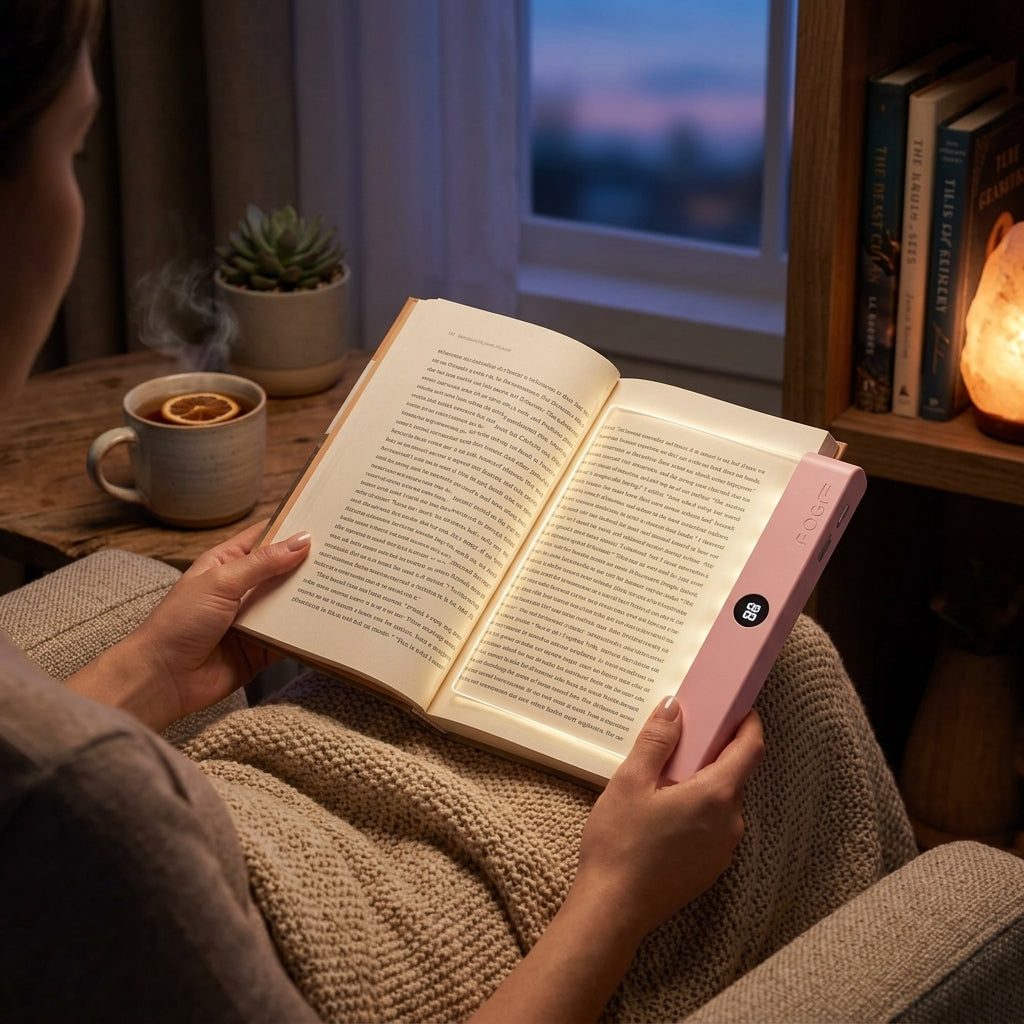 Lumalit Flat Book Light on modern nightstand, illuminating