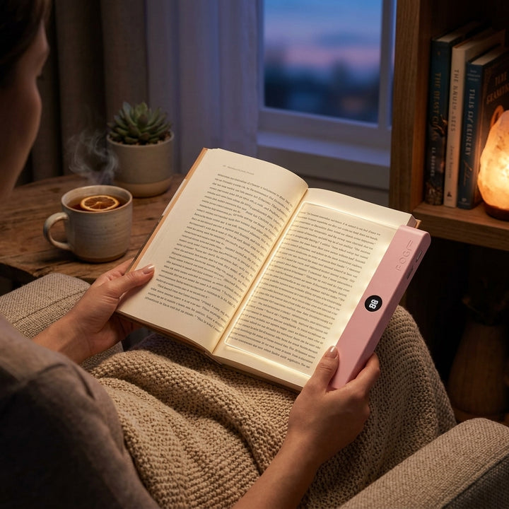 Lumalit Flat Book Light on modern nightstand, illuminating