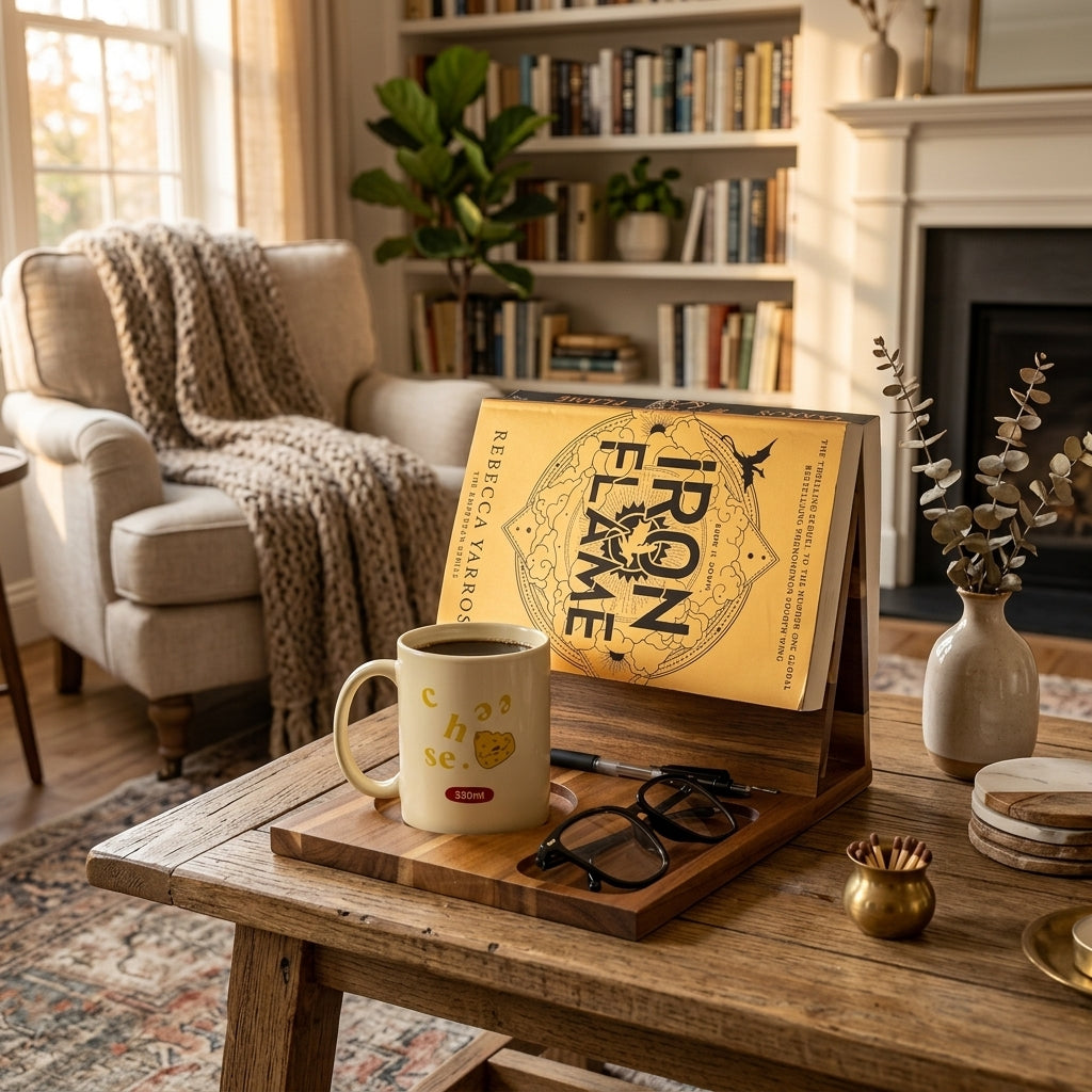 Acacia Wood Book Stand in modern home, hands-