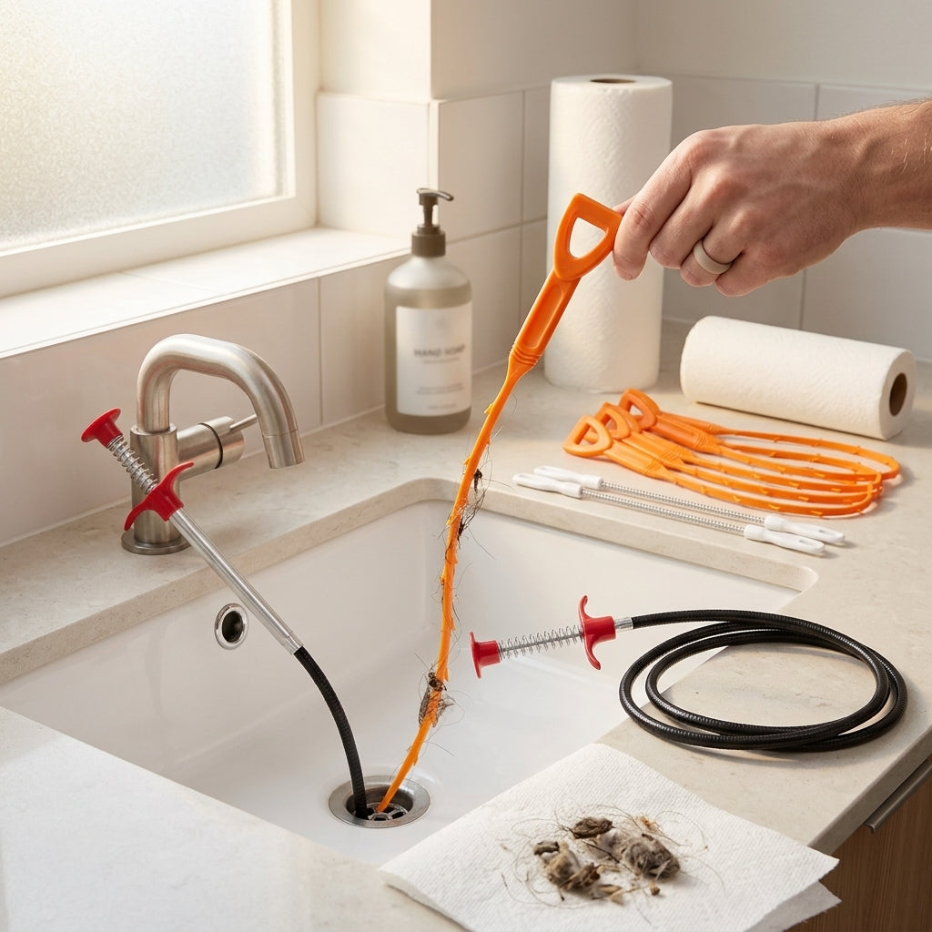 Drain Clog Remover Kit for deep pipe cleaning, displayed