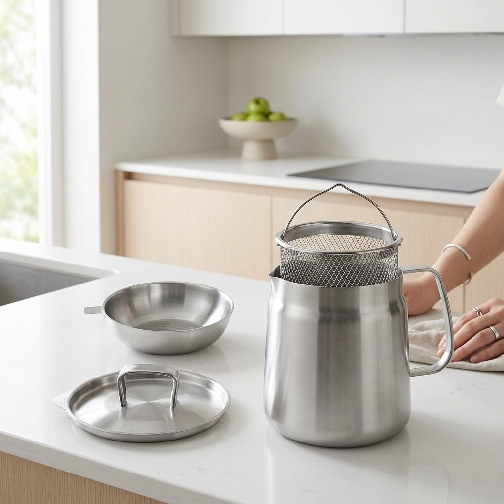 Stainless Steel Oil Filter & Storage Jar with brushed finish,