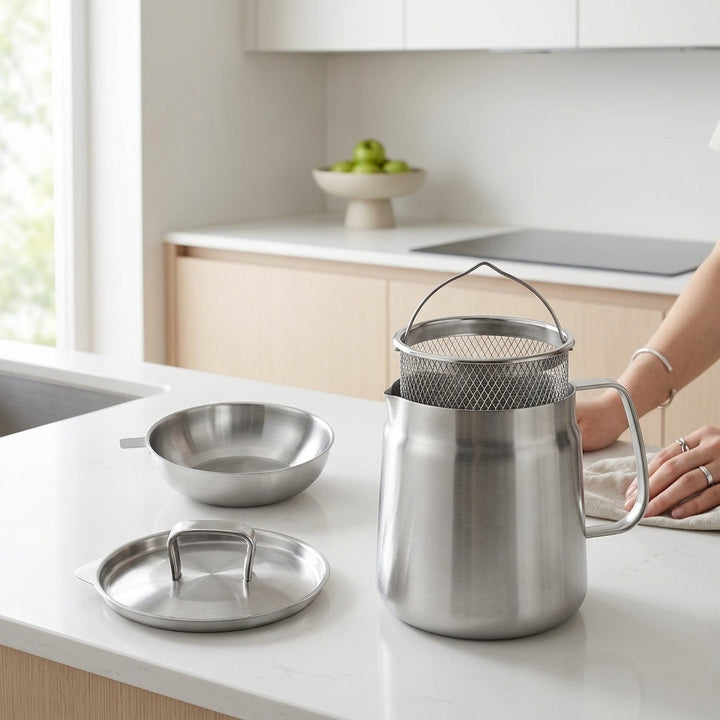 Stainless Steel Oil Filter & Storage Jar with brushed finish,