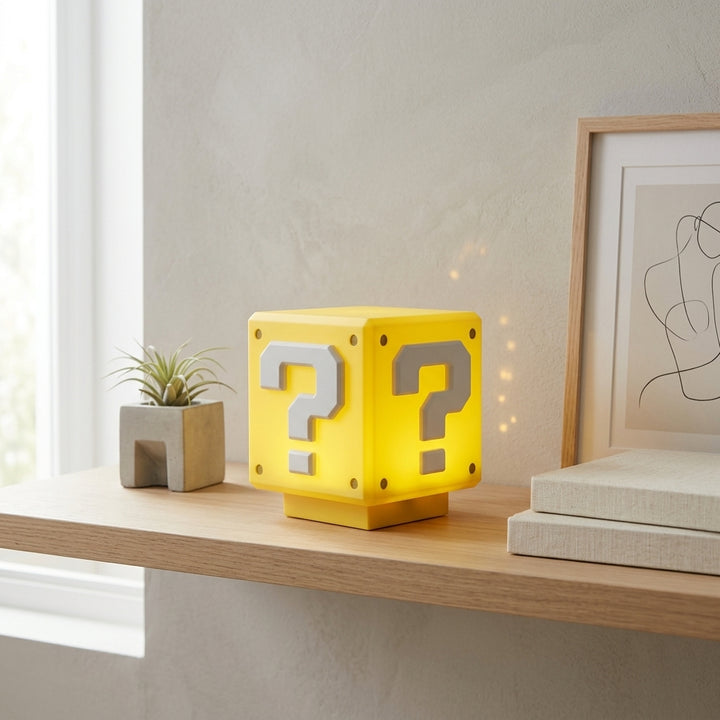 Super Mario Question Block Light glowing in a modern home interior