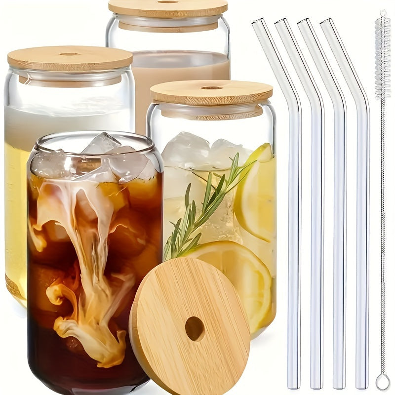 6pcs/4pds Large 17.8oz/550ml Glass Cups With Lids And Straws