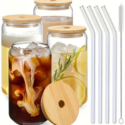 6pcs/4pds Large 17.8oz/550ml Glass Cups With Lids And Straws