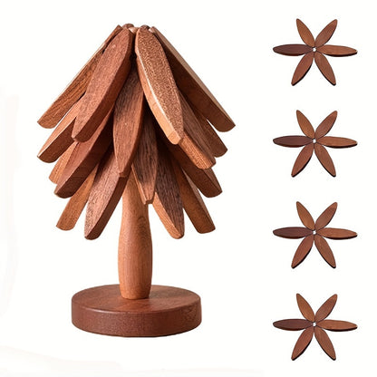 Tree-Shaped Wooden Trivet Set with Stand