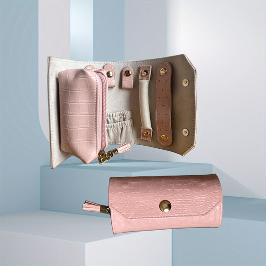 Solid Color Jewelry And Cosmetics Storage Bag, Exquisite Hand Roll Storage Design, Space Saving, Convenient Storage Bag