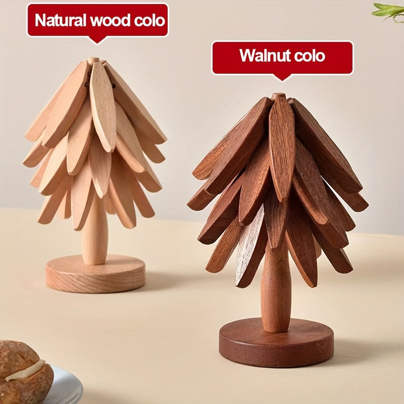 Tree-Shaped Wooden Trivet Set with Stand