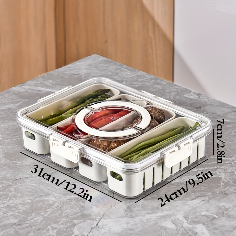 1pc Fridge Food Storage Container With 4 Drain Compartments And Lid