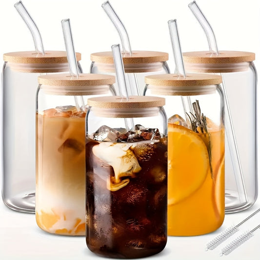 6pcs/4pds Large 17.8oz/550ml Glass Cups With Lids And Straws