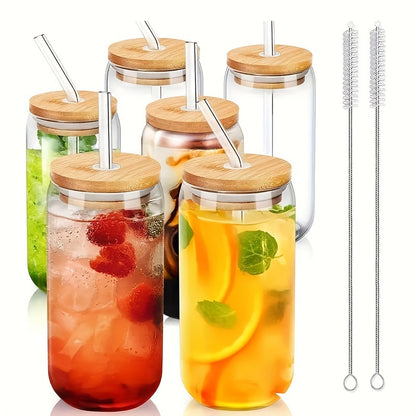 6pcs/4pds Large 17.8oz/550ml Glass Cups With Lids And Straws