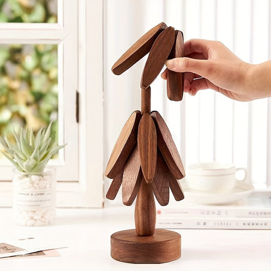 Tree-Shaped Wooden Trivet Set with Stand